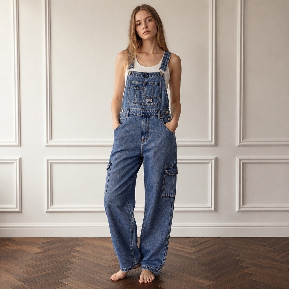 Lana Roux Utility Cargo Denim Overalls Womens Medium Blue 90s Retro Streetwear